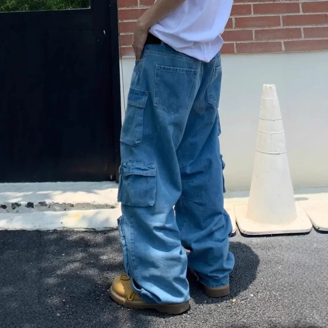 Men's Cargo Jeans Spring New Fashion Hip Hop Streetwear Multi Pocket Loose Blue Wide Legs Denim Pants Personalized Y2K Trousers - Premium Kiosk
