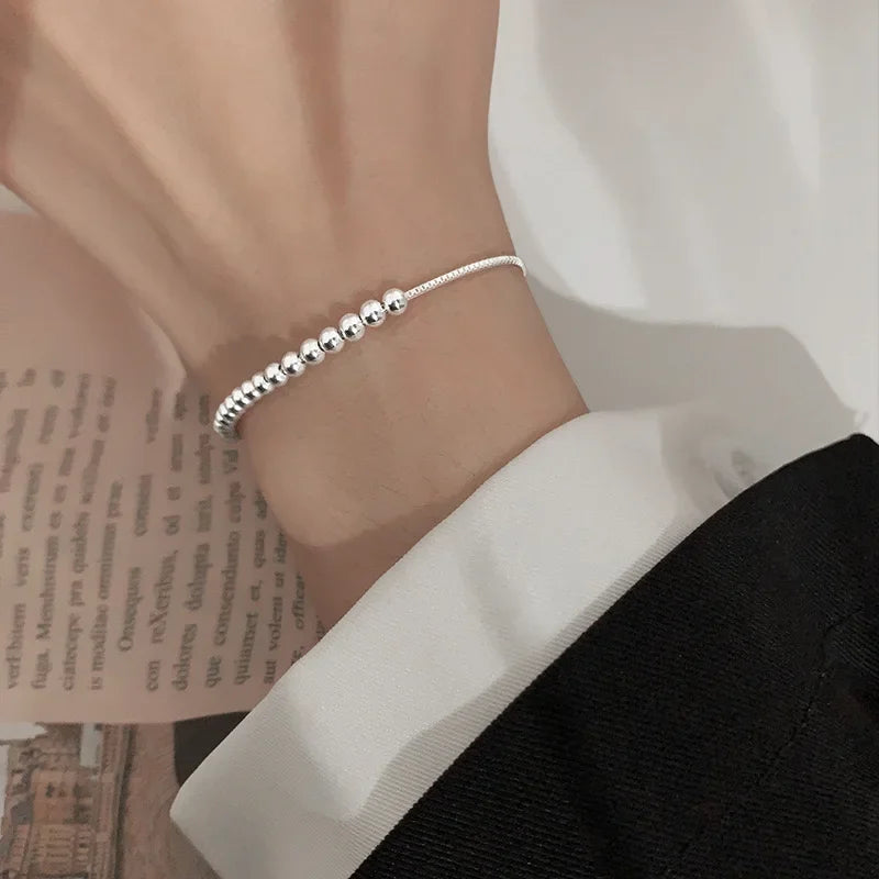 100% Solid 925 Sterling Silver Metal Bracelets for Women Men Beads Adjustable Handmade Simple Bracelet Birthday Christmas Gift
