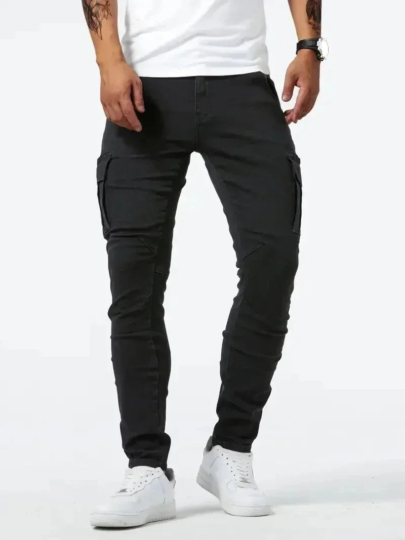 2025 Street Elastic Jeans Men Denim Cargo Pants Wash Solid Color Multi Pockets Casual Mid Waist Trousers Slim Daily Wear Joggers - Premium Kiosk