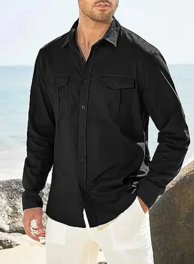 Men's Shirt Double-pocket Long-sleeved Shirt Casual Holiday Shirt Solid Color Simple Lapel Solid Color Work Shirt Top Shirt