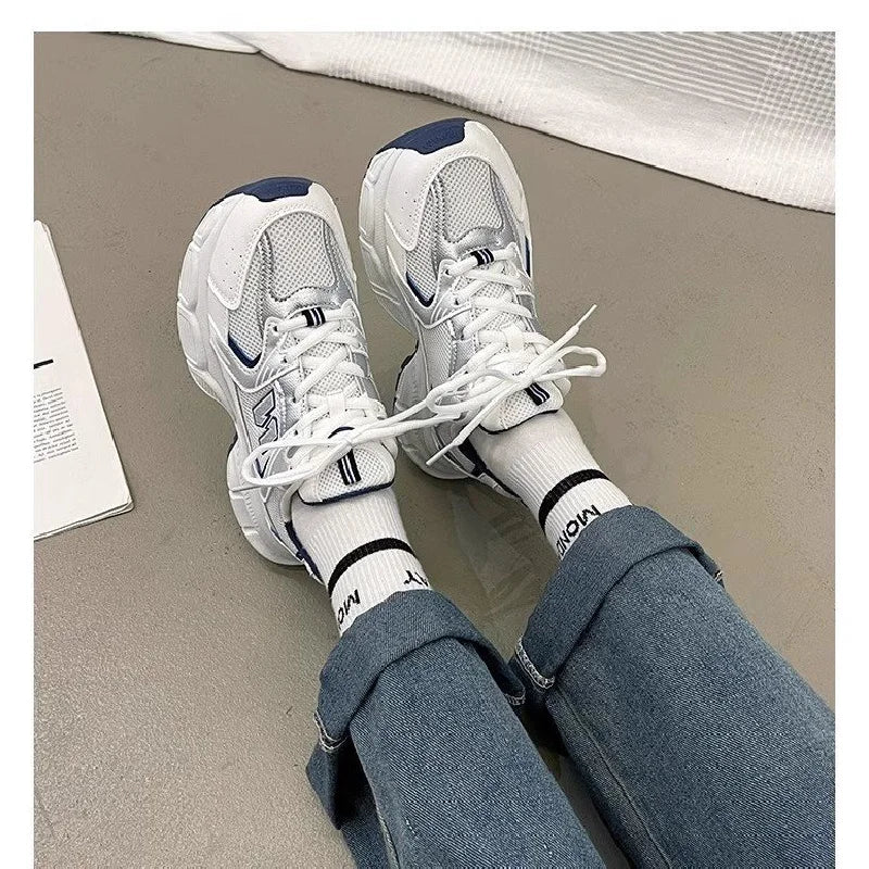 2025 Women's Dad Sneakers, Color-Block Thick-Sole Breathable White Sports Shoes, Casual Running