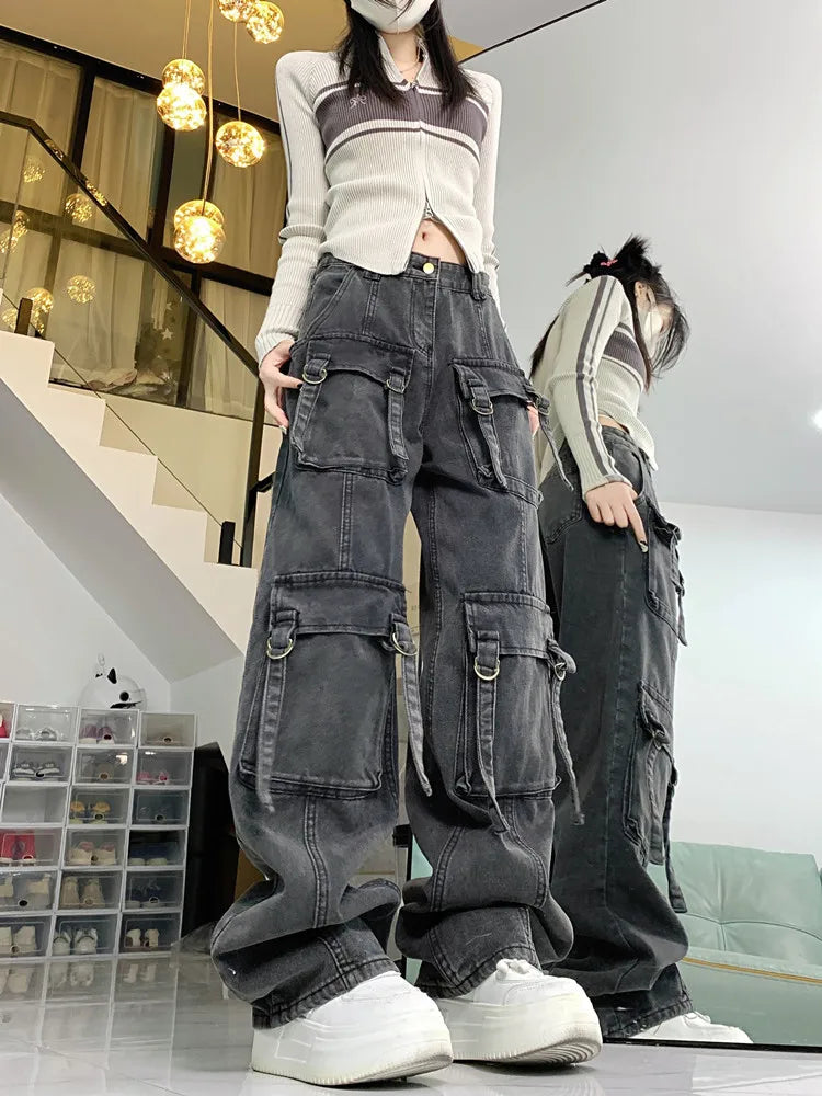 2023 Cyber Y2K Streetwear Grey Distressed Baggy Cargo Jeans Pants For Women Multiple Pockets Wide Leg Hip Hop Lady Old Trousers - Premium Kiosk