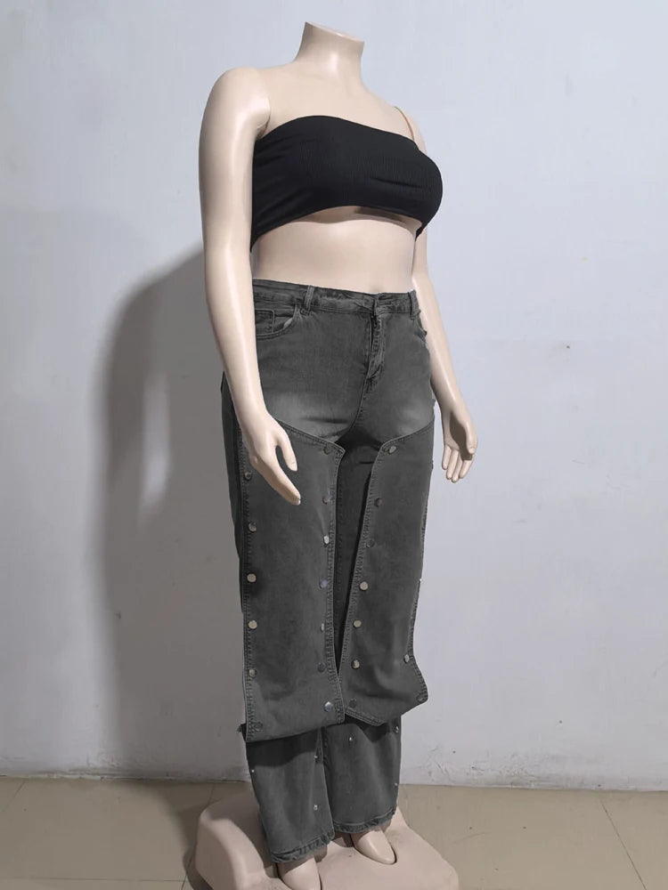 Women Streetwear Button Cutout Cargo Straight Denim Wide Leg Jeans Pants 2024 Elastic INS Fashion Party Cargo Trousers - Premium Kiosk