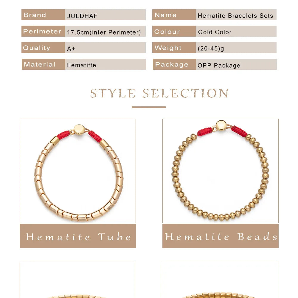 2024 New Design Golden Bracelets For Women Gold Color Hematite Beaded Elastic Bangle Sets Square Shape Beads Accessory