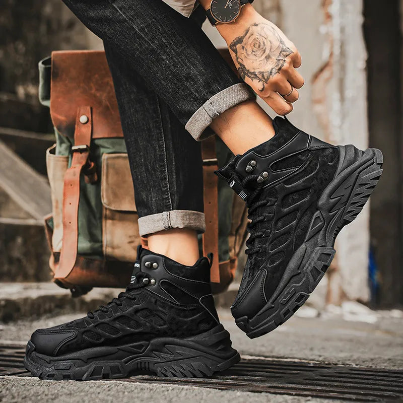 2025 Men's high-top thick-sole casual shoes versatile mixed material daddy sneakers outdoor tooling wear-resistant men's shoes