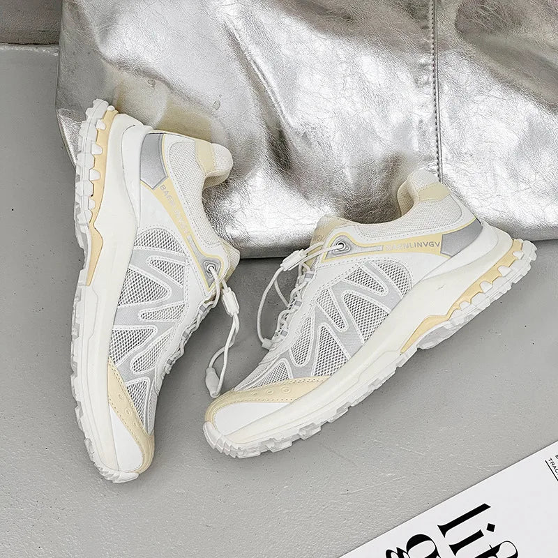 Women's Dad Shoes Thick Sole Heightening 2025 Spring Autumn Pure Color Adult Laced Comfortable Polyurethane Casual Sports Shoes