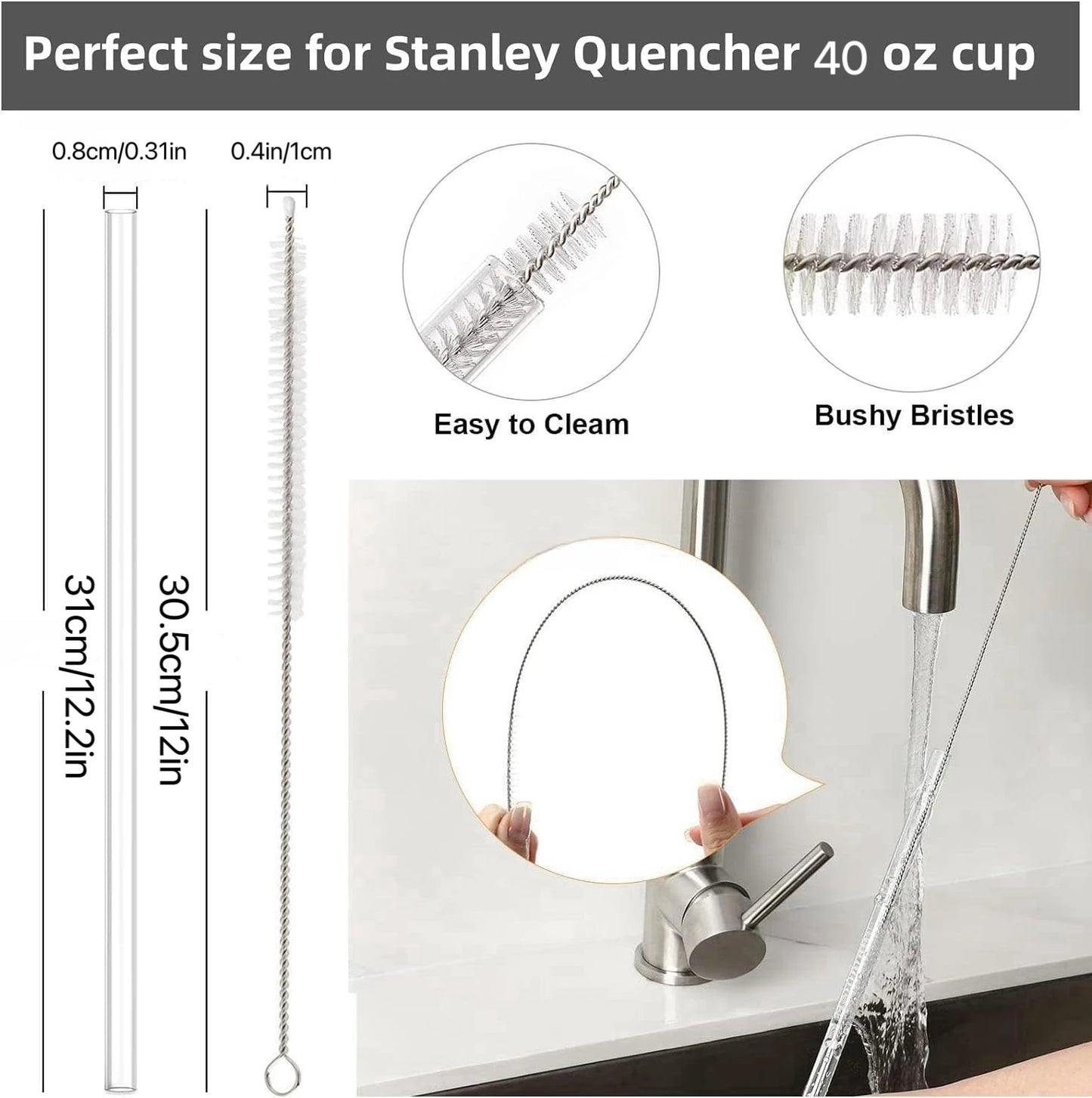 6 Pcs Reusable Straws Stanley Cup Replacement Straws with Cleaning Brush Compatible with Stanley 40 oz Stanley Cups