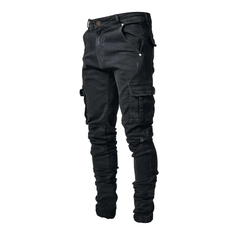 Fashion New Men's Denim Cargo Pants Multi-pockets Design Solid Slim Jeans Men Street Elastic Cowboy Trousers Daily Wear Joggers