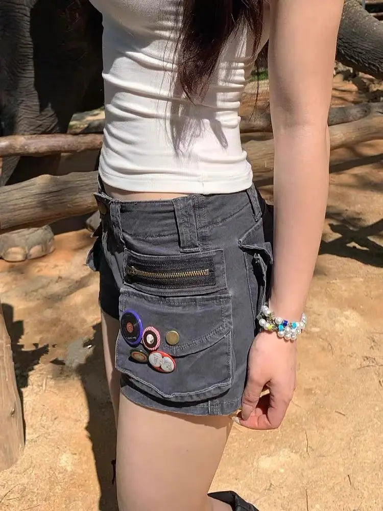 Women's Grey Cargo Jeans Shorts Pocket Y2K Japanese Harajuku High Street 2000S Style Aesthetic Sexy Retro Denim Shorts Clothing