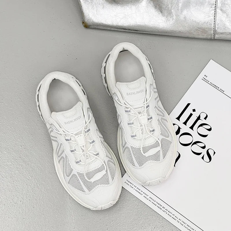 Women's Dad Shoes Thick Sole Heightening 2025 Spring Autumn Pure Color Adult Laced Comfortable Polyurethane Casual Sports Shoes