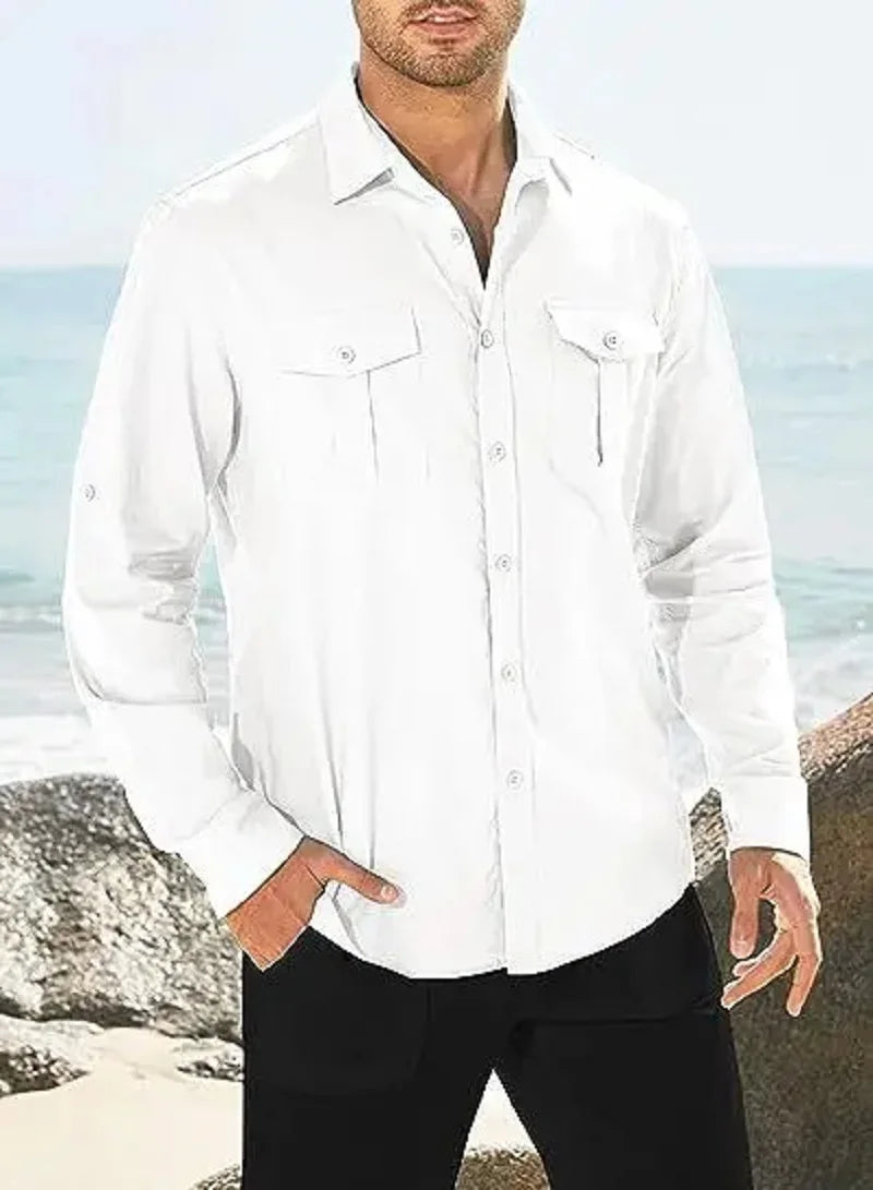 Men's Shirt Double-pocket Long-sleeved Shirt Casual Holiday Shirt Solid Color Simple Lapel Solid Color Work Shirt Top Shirt