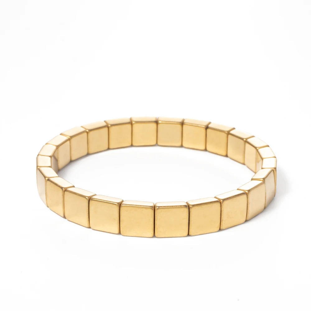 2024 New Design Golden Bracelets For Women Gold Color Hematite Beaded Elastic Bangle Sets Square Shape Beads Accessory