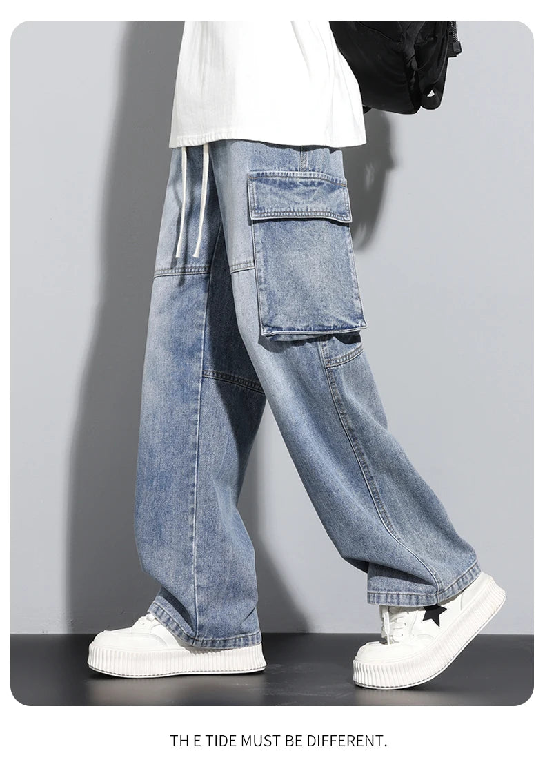 Men's Straight Cargo Jeans New Elastic Waist Multi-pockets Baggy Denim Pants Y2K Fashion Harajuku Streetwear Trousers Male - Premium Kiosk