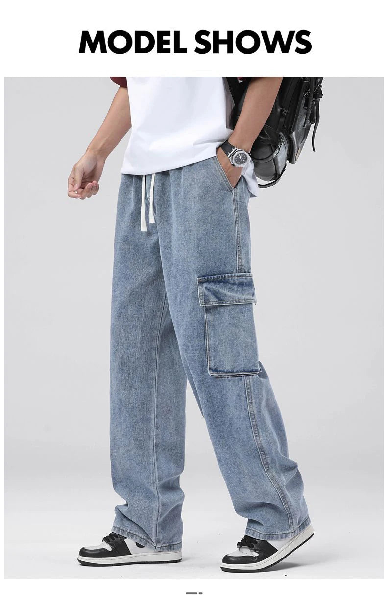 Men's Baggy Straight Cargo Jeans Elastic Waist Drawstring Casual Pants High Street Fashion Vintage Trousers Male Trendy Brand
