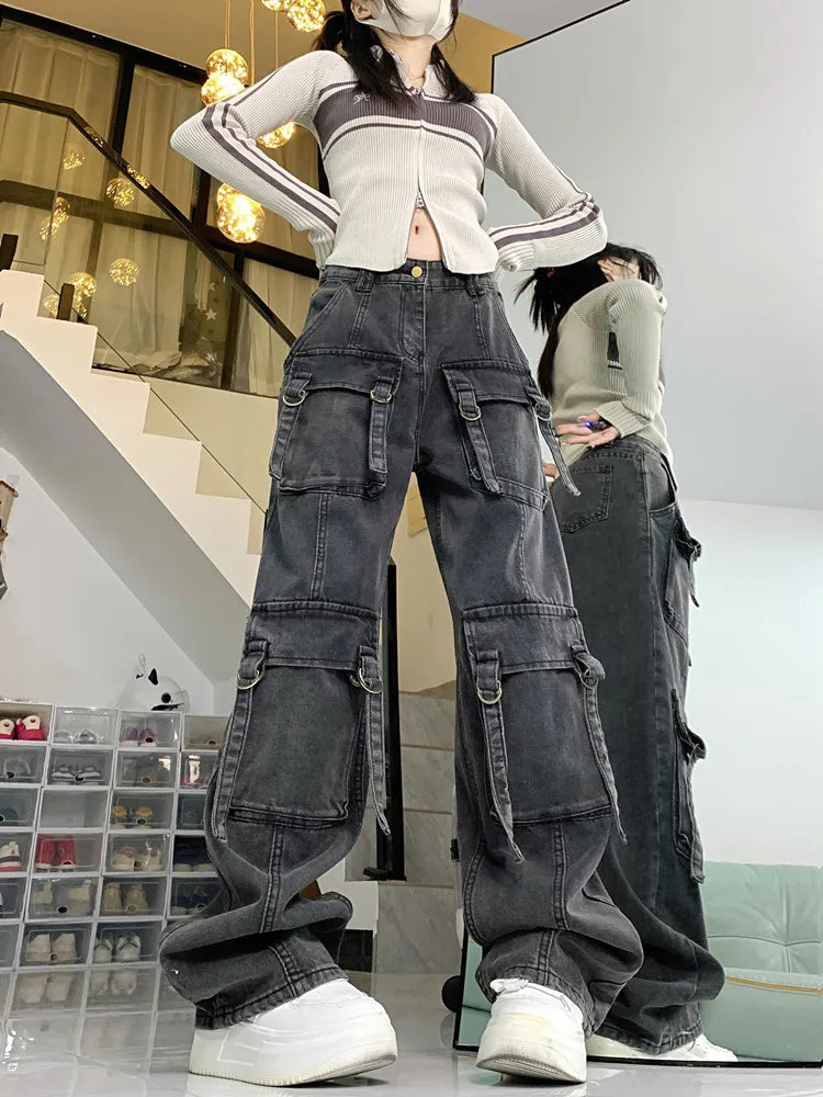 2023 Cyber Y2K Streetwear Grey Distressed Baggy Cargo Jeans Pants For Women Multiple Pockets Wide Leg Hip Hop Lady Old Trousers - Premium Kiosk
