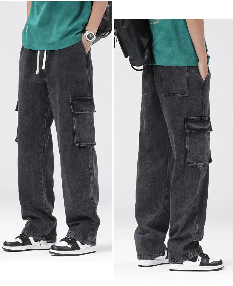 Men's Baggy Straight Cargo Jeans Elastic Waist Drawstring Casual Pants High Street Fashion Vintage Trousers Male Trendy Brand