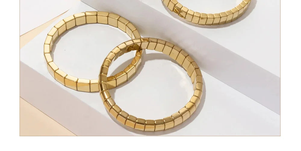 2024 New Design Golden Bracelets For Women Gold Color Hematite Beaded Elastic Bangle Sets Square Shape Beads Accessory