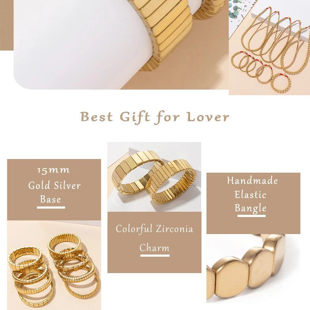 2024 New Design Golden Bracelets For Women Gold Color Hematite Beaded Elastic Bangle Sets Square Shape Beads Accessory
