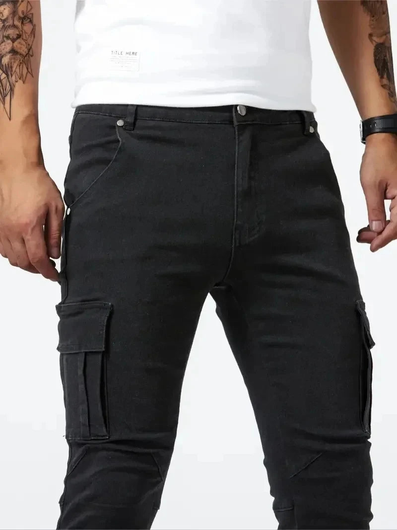 2025 Street Elastic Jeans Men Denim Cargo Pants Wash Solid Color Multi Pockets Casual Mid Waist Trousers Slim Daily Wear Joggers - Premium Kiosk