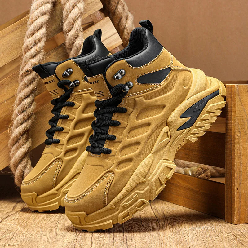 2025 Men's high-top thick-sole casual shoes versatile mixed material daddy sneakers outdoor tooling wear-resistant men's shoes