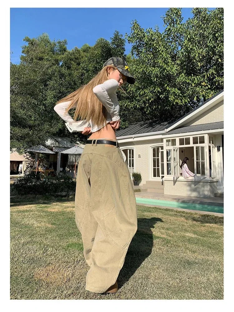 Women's Y2K Vintage Wash Cargo Jeans Harajuku Scimitar Wide Leg American Retro Denim Pants Baggy Trousers Gyaru Streetwear - Premium Kiosk