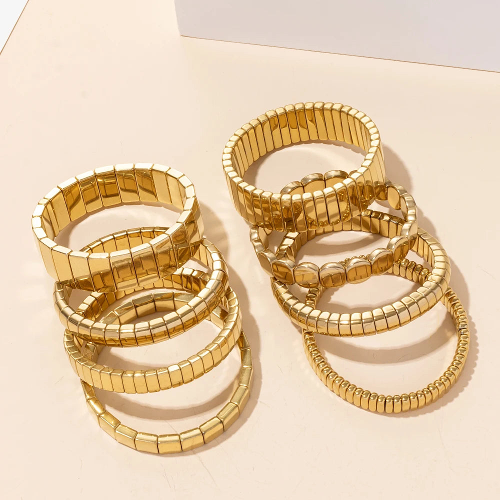 2024 New Design Golden Bracelets For Women Gold Color Hematite Beaded Elastic Bangle Sets Square Shape Beads Accessory