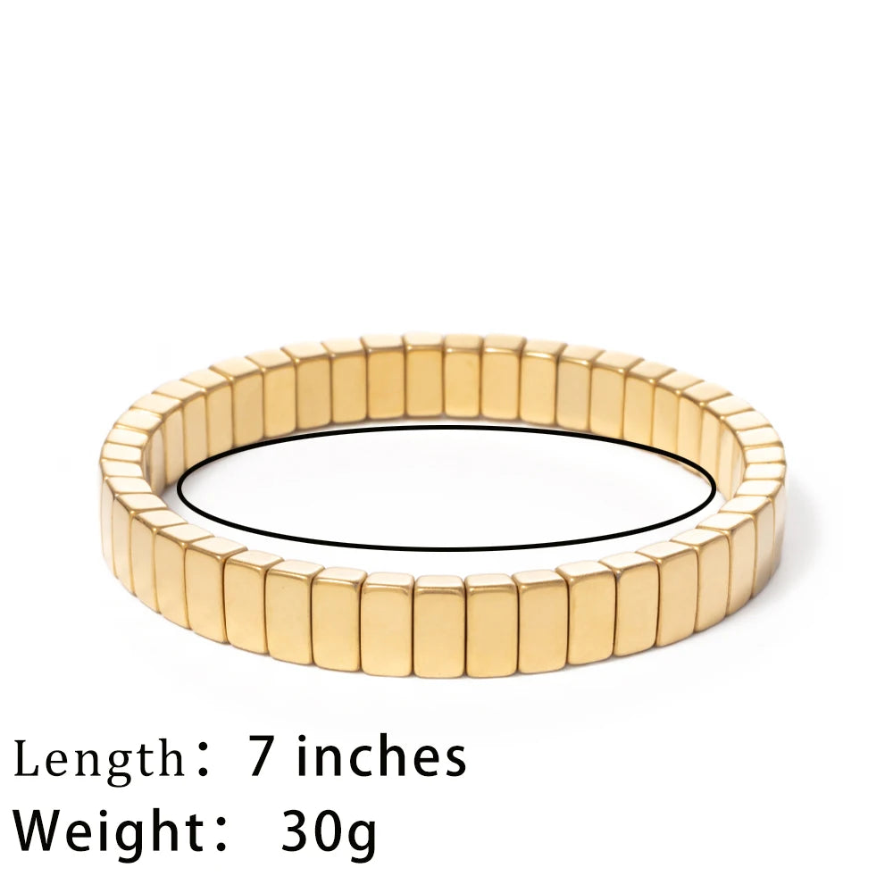 2024 New Design Golden Bracelets For Women Gold Color Hematite Beaded Elastic Bangle Sets Square Shape Beads Accessory