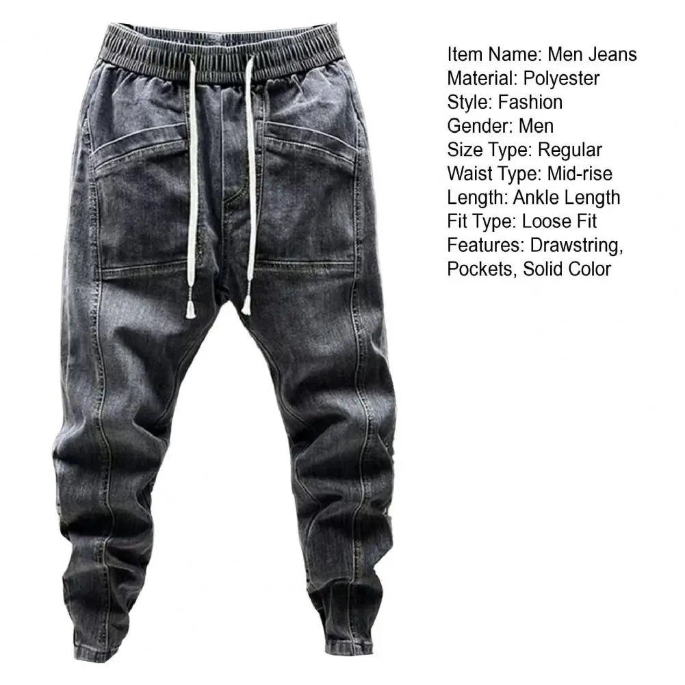 Elastic Waist Jeans Men's Elastic Drawstring Waist Denim Cargo Pants With Pockets Solid Color Harem Trousers For Spring Autumn - Premium Kiosk