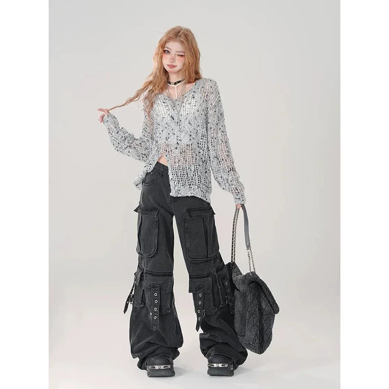Y2K 2000S Black Cargo Jeans Women Vintage Streetwear Wide Leg Denim Pants Harajuku Aesthetic High Waist Baggy Straight Trousers - Premium Kiosk
