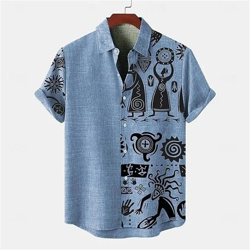 Men's shirt linen summer shirt beachwear blue short sleeved solid color lapel summer casual