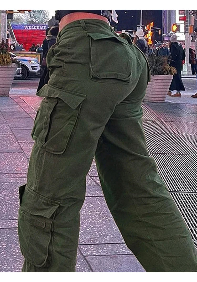 Womens New Denim Cargo Pants Retro Loose Trousers Multi Pocket Hip Hop Jeans Streetwear Wide Leg Casual Straight Pants TC708321 - Premium Kiosk