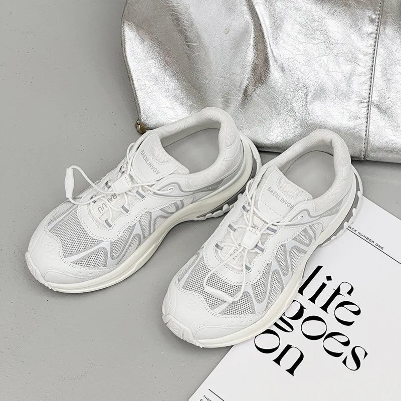 Women's Dad Shoes Thick Sole Heightening 2025 Spring Autumn Pure Color Adult Laced Comfortable Polyurethane Casual Sports Shoes