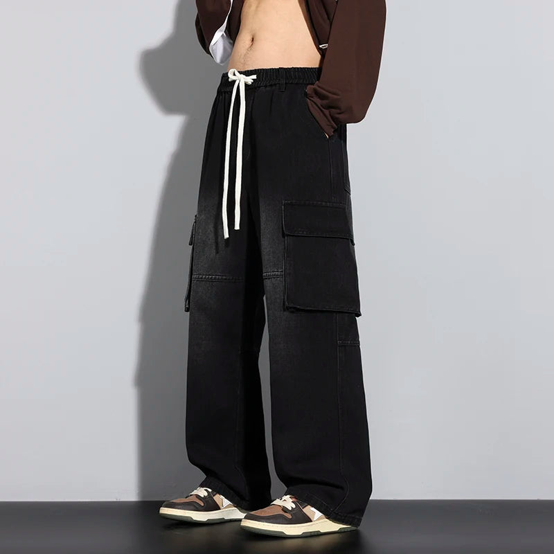 Men's Straight Cargo Jeans New Elastic Waist Multi-pockets Baggy Denim Pants Y2K Fashion Harajuku Streetwear Trousers Male - Premium Kiosk