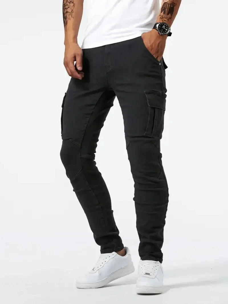 2025 Street Elastic Jeans Men Denim Cargo Pants Wash Solid Color Multi Pockets Casual Mid Waist Trousers Slim Daily Wear Joggers - Premium Kiosk