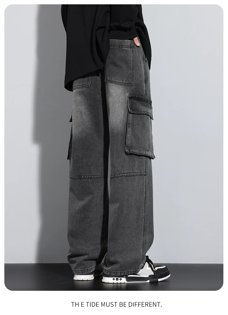 Men's Straight Cargo Jeans New Elastic Waist Multi-pockets Baggy Denim Pants Y2K Fashion Harajuku Streetwear Trousers Male - Premium Kiosk
