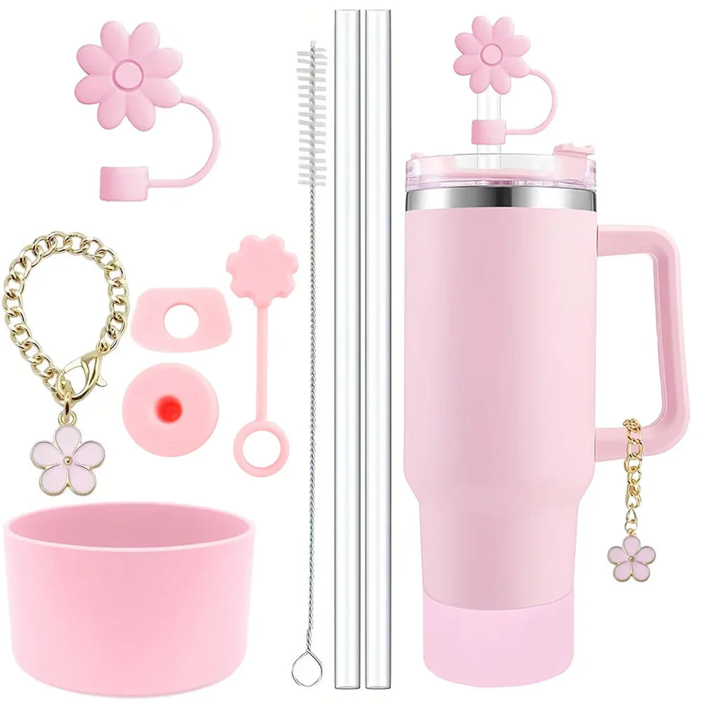 Accessories for Stanley Cup Set of 9, 2 Straw and Brush and 1 Flower Charm Chain 3 Spill Proof Stopper Flowers Straw Cover Boot