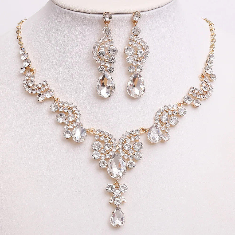 3pcs/set Princess Crown Bridal Jewelry Sets for Girls Water Drop Green Blue Red Crystal Tiaras Necklace Earrings New Jewelry Set