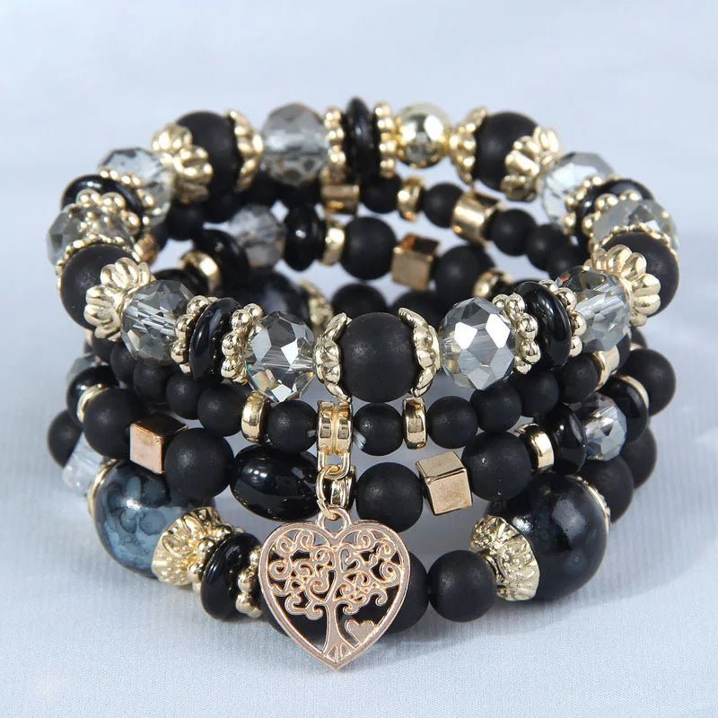 4 Pieces Stretch Beaded Bracelets Set For Women Heart Pendant Adjustable Colorful Charms New Fashion Jewelry Glass Stones C1338