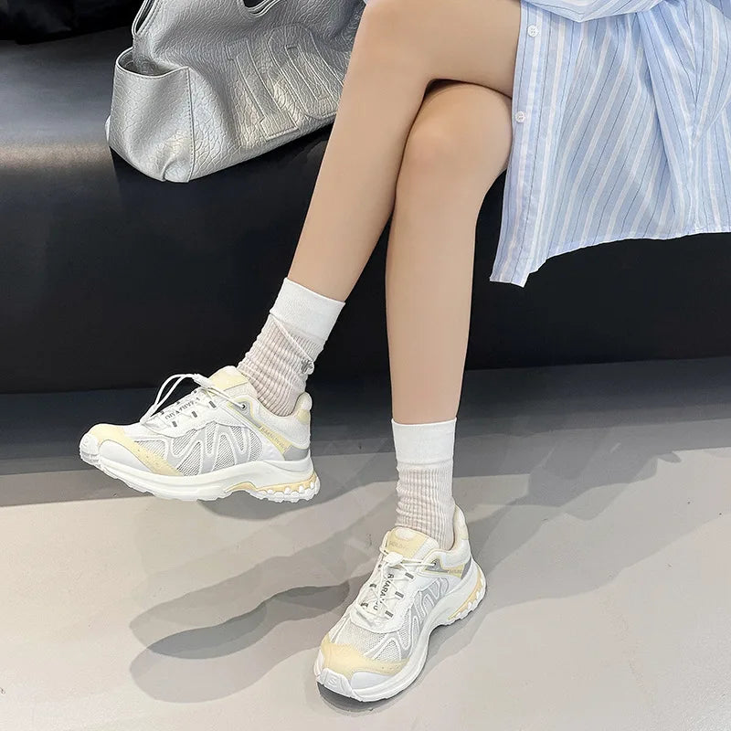Women's Dad Shoes Thick Sole Heightening 2025 Spring Autumn Pure Color Adult Laced Comfortable Polyurethane Casual Sports Shoes