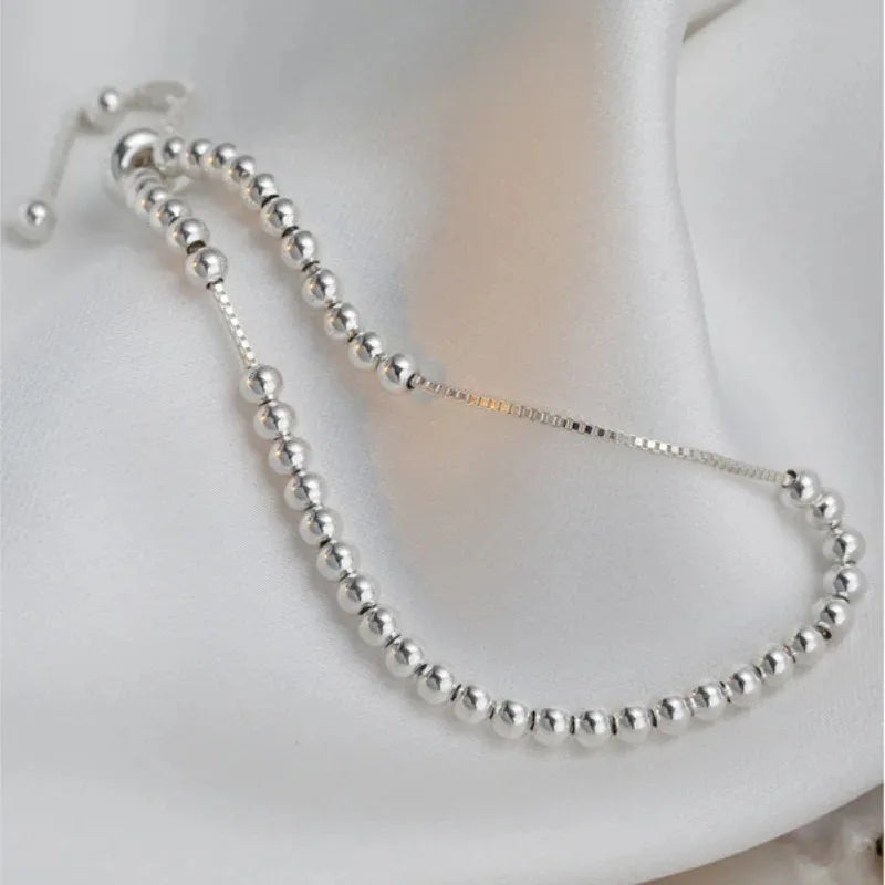 100% Solid 925 Sterling Silver Metal Bracelets for Women Men Adjustable Beads Handmade Simple Birthday Christmas Gift