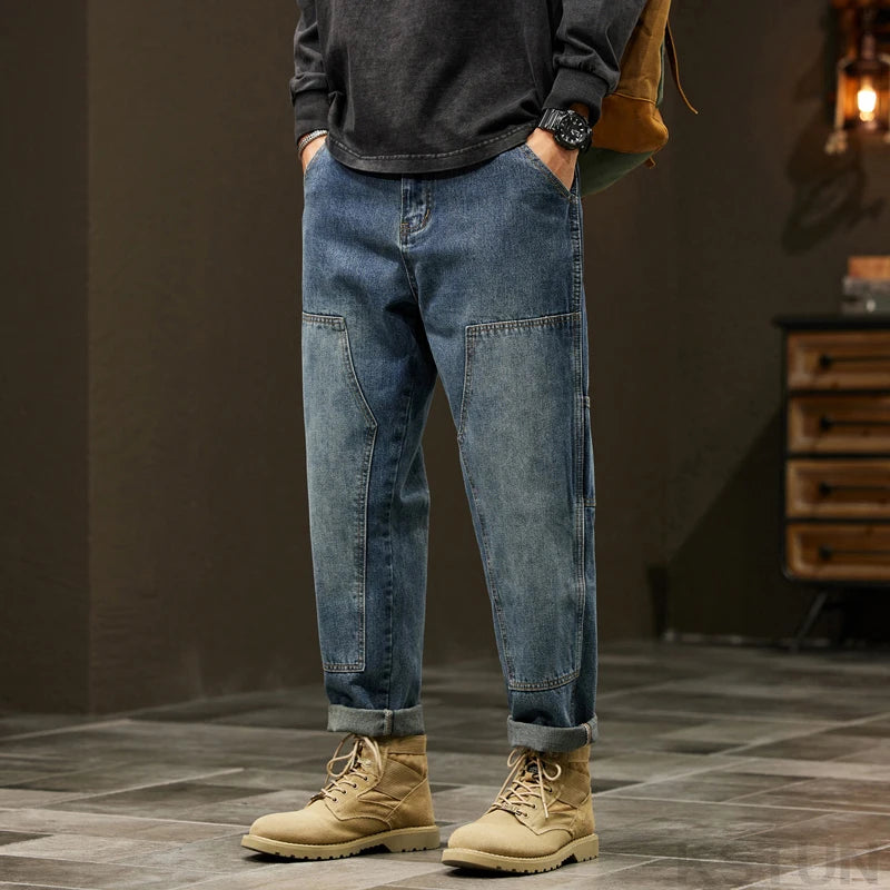 2024 Cargo Jeans Men Harem Pants Loose Baggy Pants Blue Patched Fashion Designer Pockets Trousers Oversized Tapered Streetwear - Premium Kiosk