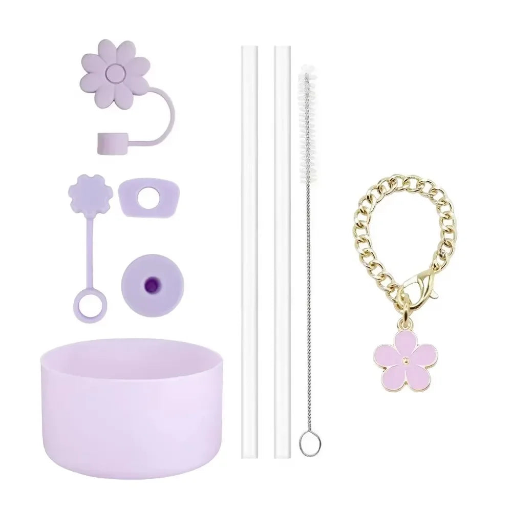 Accessories for Stanley Cup Set of 9, 2 Straw and Brush and 1 Flower Charm Chain 3 Spill Proof Stopper Flowers Straw Cover Boot