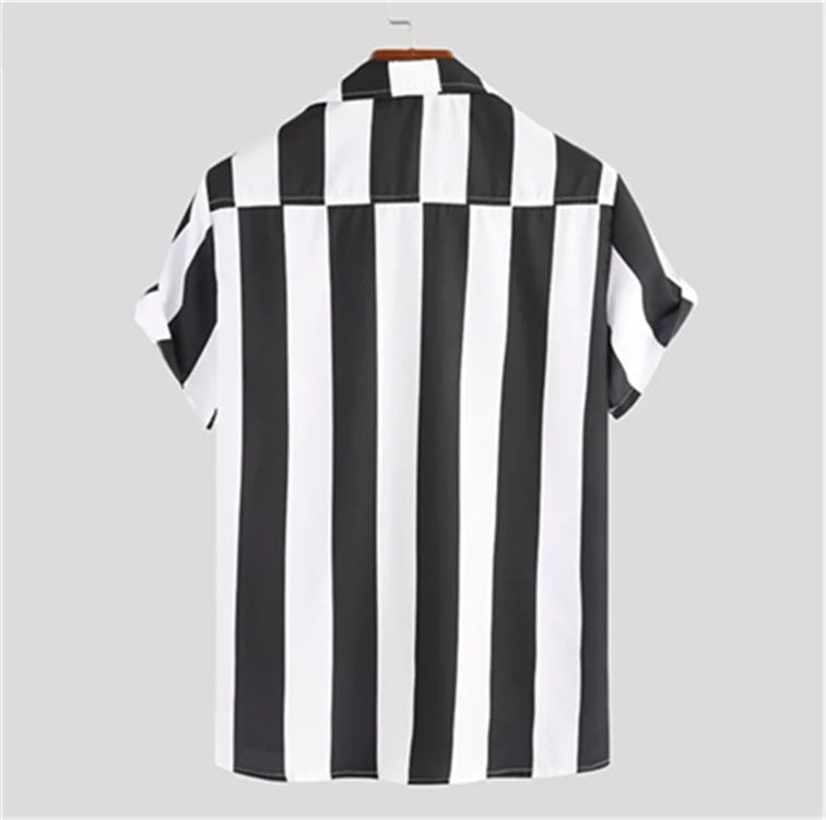 Men's striped casual shirt, summer beach casual loose-fitting short-sleeved shirt, summer daily commuting style travel shirt