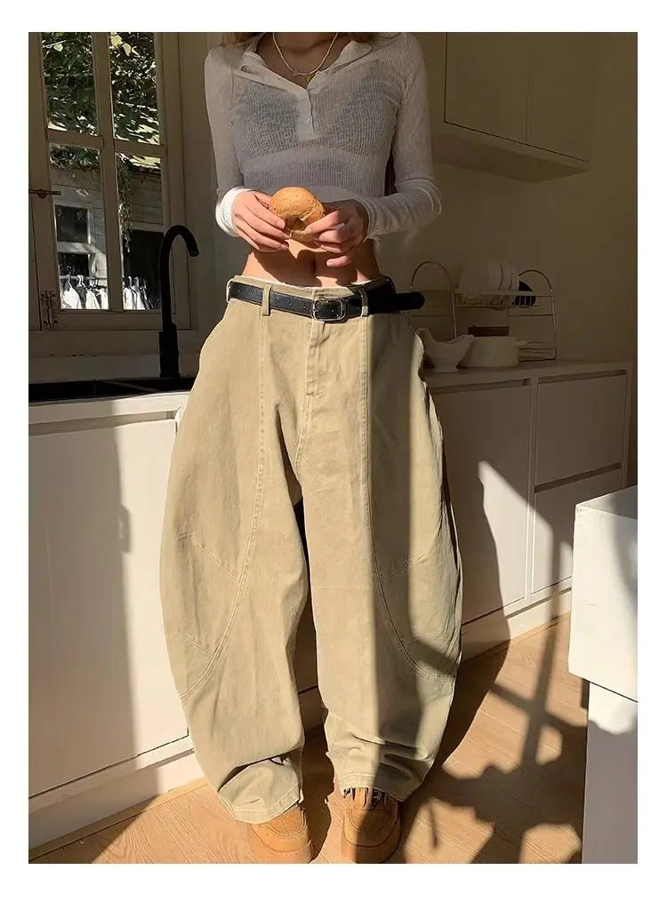 Women's Y2K Vintage Wash Cargo Jeans Harajuku Scimitar Wide Leg American Retro Denim Pants Baggy Trousers Gyaru Streetwear - Premium Kiosk