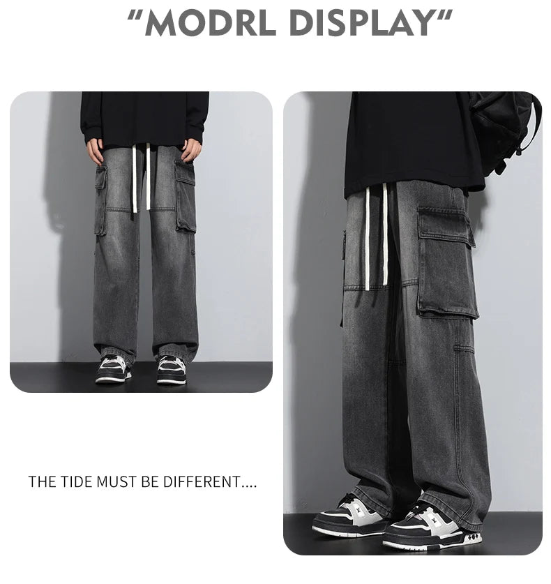 Men's Straight Cargo Jeans New Elastic Waist Multi-pockets Baggy Denim Pants Y2K Fashion Harajuku Streetwear Trousers Male - Premium Kiosk