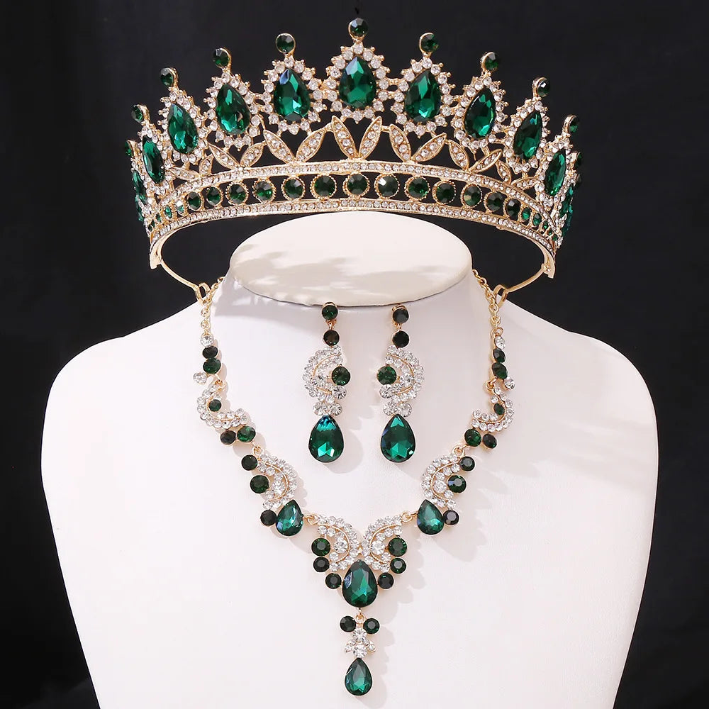 3pcs/set Princess Crown Bridal Jewelry Sets for Girls Water Drop Green Blue Red Crystal Tiaras Necklace Earrings New Jewelry Set