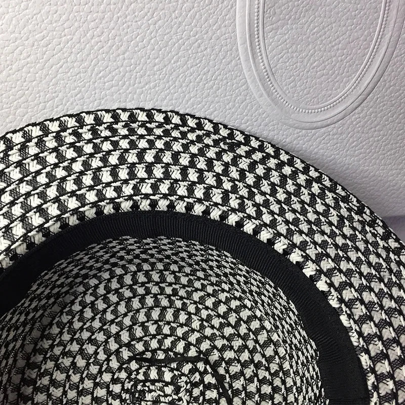 Women's Spring and Summer British Houndstooth Top Hats Seaside Sun Protection Beach Sun Hats Vacation Casual Top Hats
