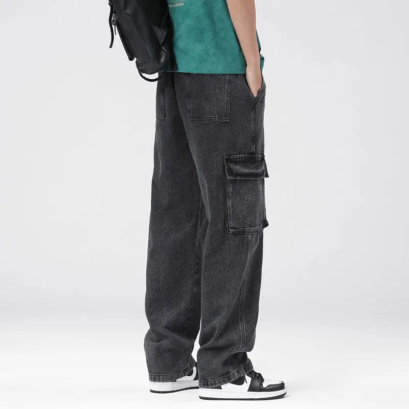 Men's Baggy Straight Cargo Jeans Elastic Waist Drawstring Casual Pants High Street Fashion Vintage Trousers Male Trendy Brand