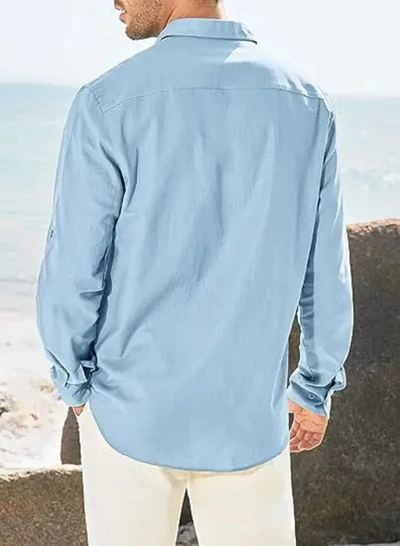 Men's Shirt Double-pocket Long-sleeved Shirt Casual Holiday Shirt Solid Color Simple Lapel Solid Color Work Shirt Top Shirt