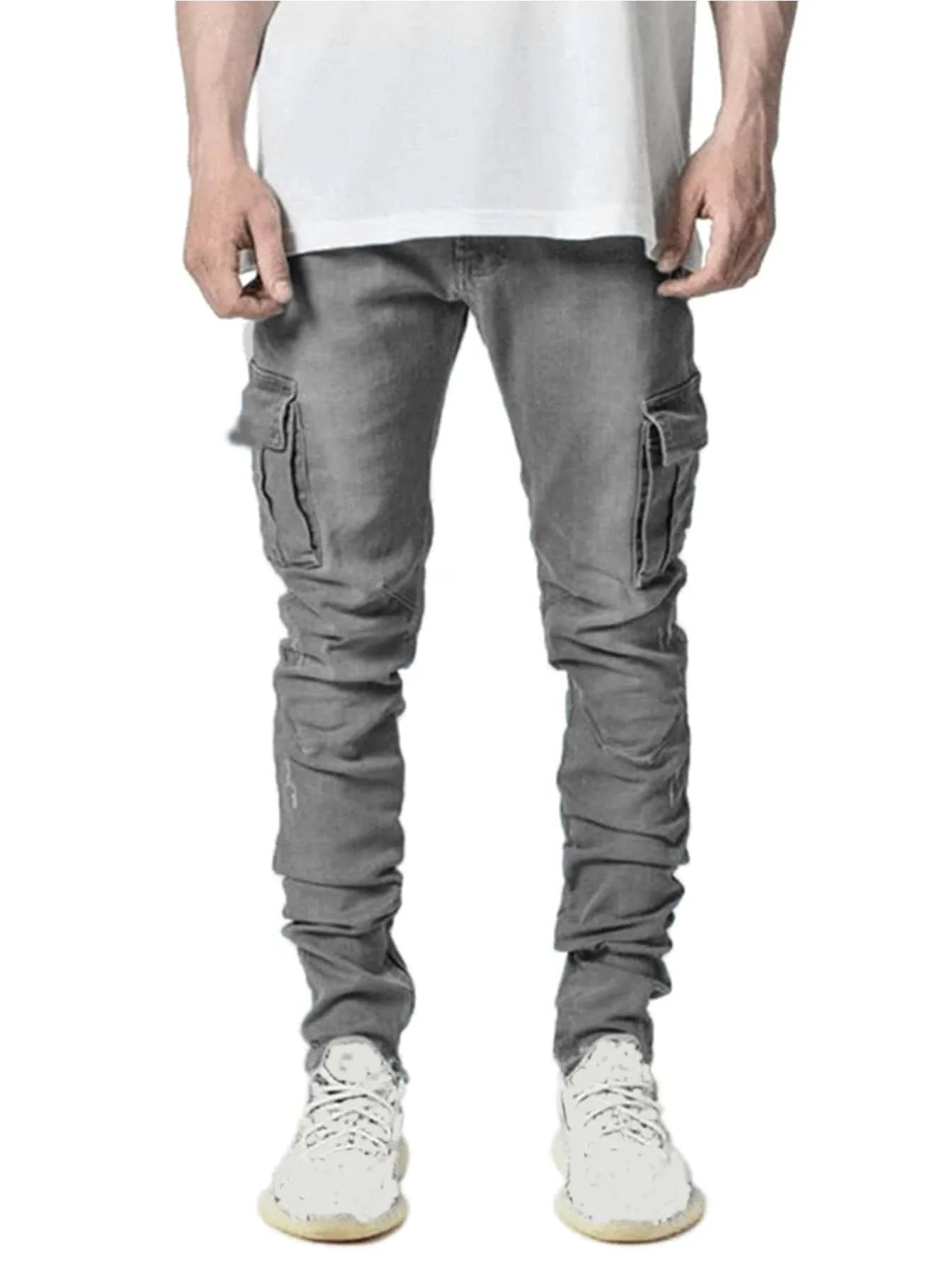 Fashion New Men's Denim Cargo Pants Multi-pockets Design Solid Slim Jeans Men Street Elastic Cowboy Trousers Daily Wear Joggers